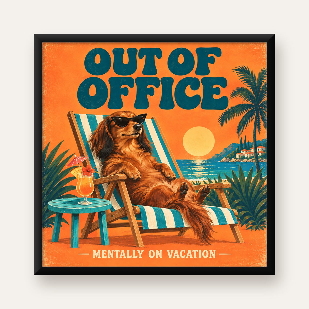 Retro Tatilci Köpek Poster – Plajda 'Out of Office' Dekoru — Kare baskı, düz siyah çerçeveli duvar posteri