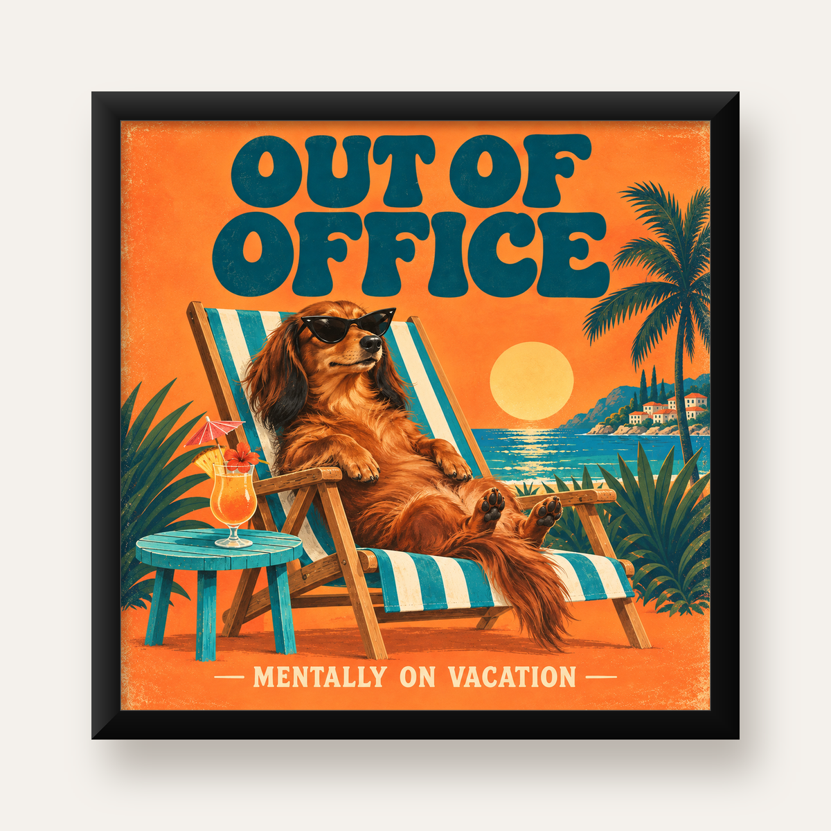 Retro Tatilci Köpek Poster – Plajda 'Out of Office' Dekoru — Kare baskı, düz siyah çerçeveli duvar posteri