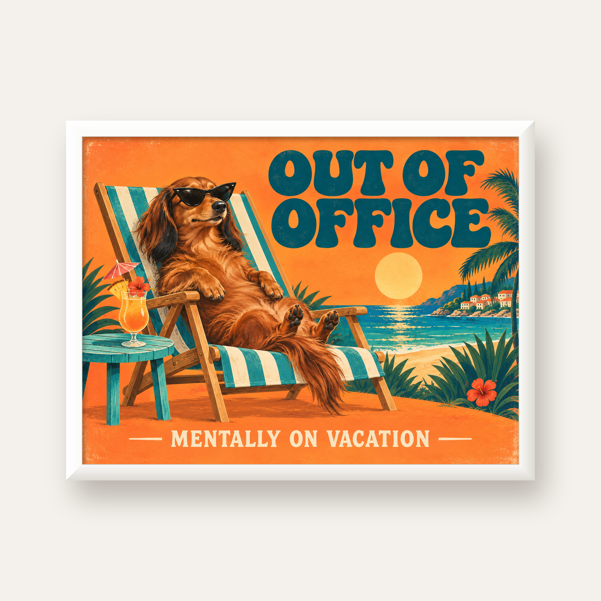 Retro Tatilci Köpek Poster – Plajda 'Out of Office' Dekoru — beyaz çerçeveli yatay poster