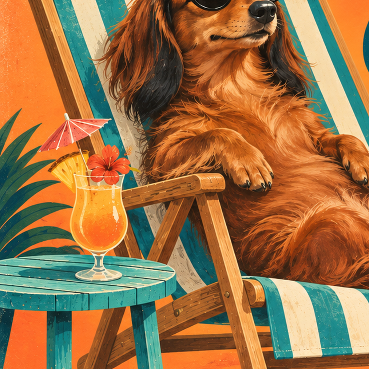 Retro Tatilci Köpek Poster – Plajda 'Out of Office' Dekoru — baskının yakın çekimi, kâğıt dokusu ve renk detayı