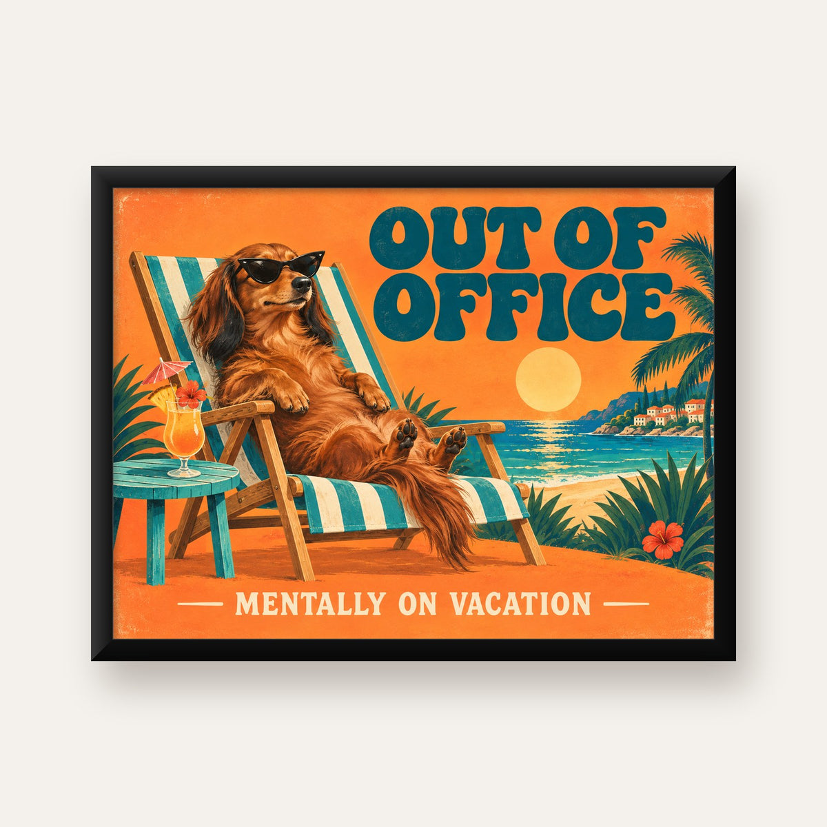 Retro Tatilci Köpek Poster – Plajda 'Out of Office' Dekoru — Yatay baskı, düz siyah çerçeveli duvar posteri