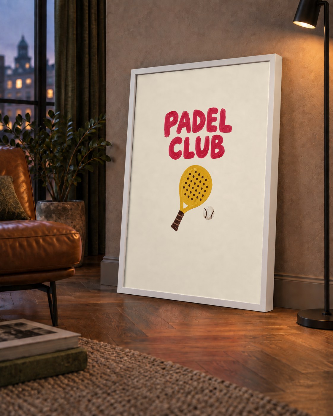 Padel Club El Çizimi Poster – Modern Spor İllüstrasyonu — çerçeveli hâliyle bir ev duvarında