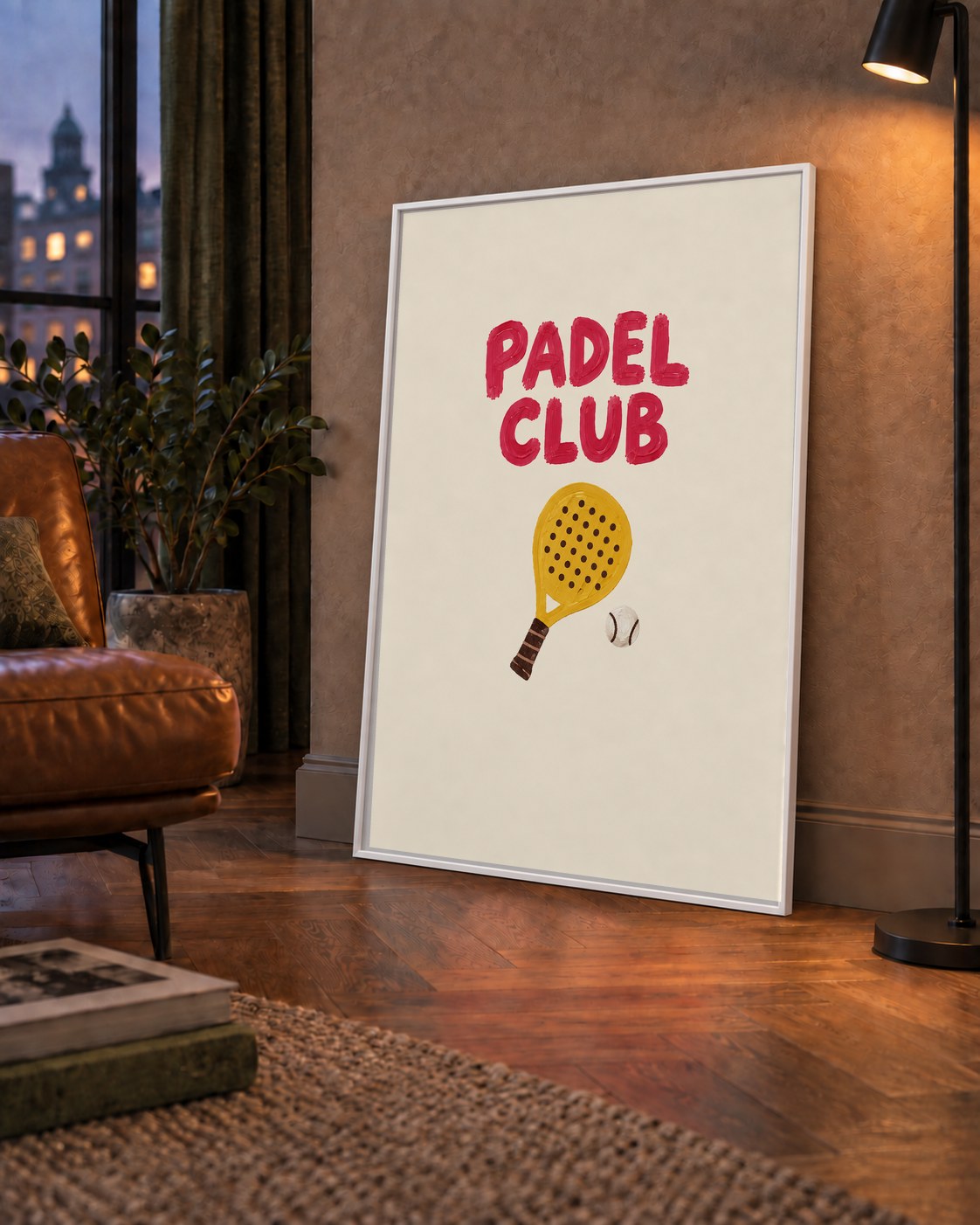 Padel Club El Çizimi Poster – Modern Spor İllüstrasyonu — çerçeveli hâliyle bir ev duvarında