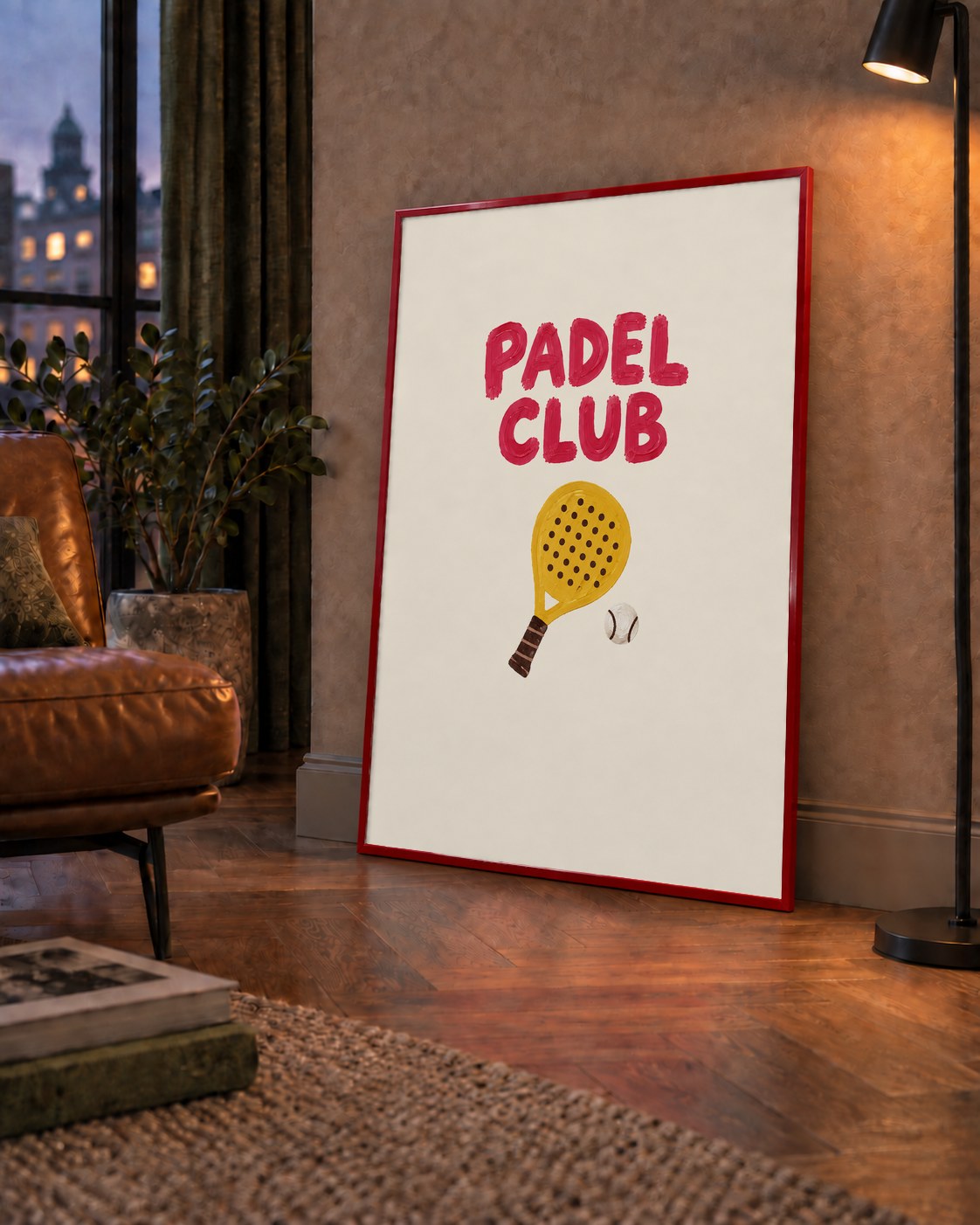 Padel Club El Çizimi Poster – Modern Spor İllüstrasyonu — çerçeveli hâliyle bir ev duvarında