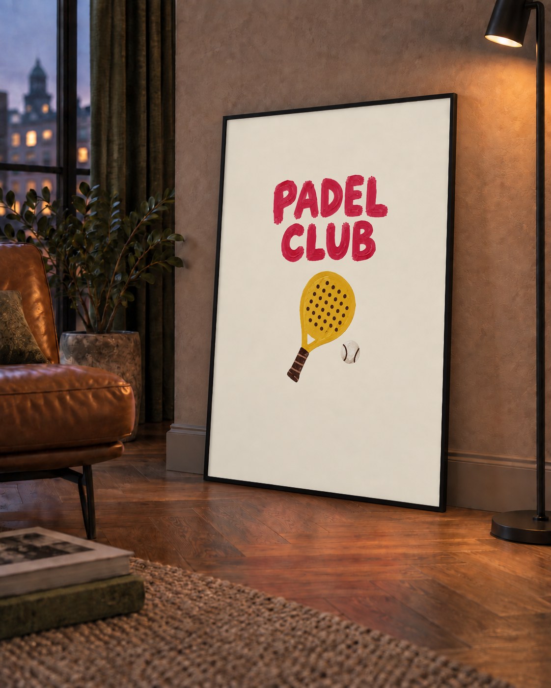 Padel Club El Çizimi Poster – Modern Spor İllüstrasyonu — çerçeveli hâliyle bir ev duvarında