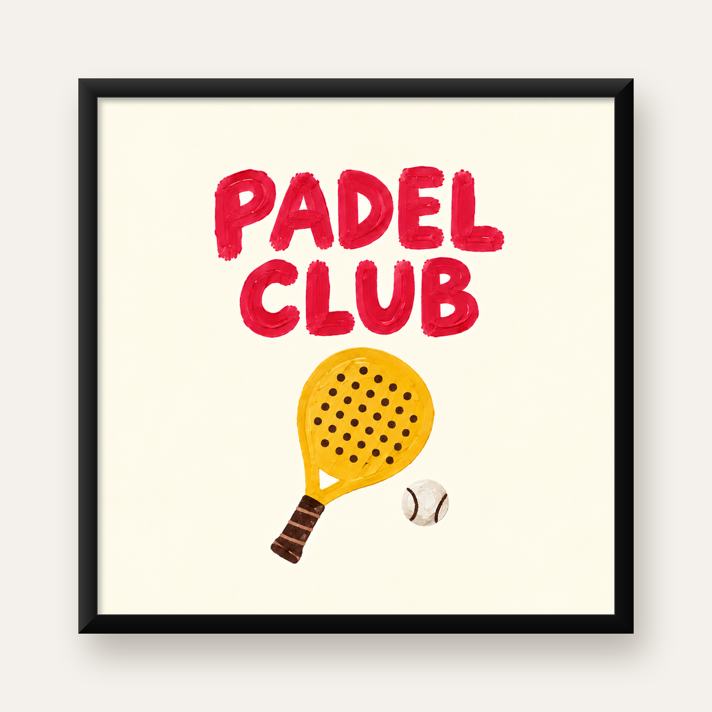 Padel Club El Çizimi Poster – Modern Spor İllüstrasyonu — Kare baskı, düz siyah çerçeveli duvar posteri