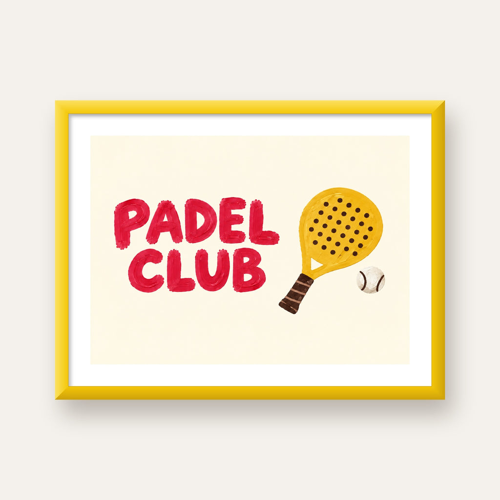 Padel Club El Çizimi Poster – Modern Spor İllüstrasyonu — sarı çerçeveli paspartulu