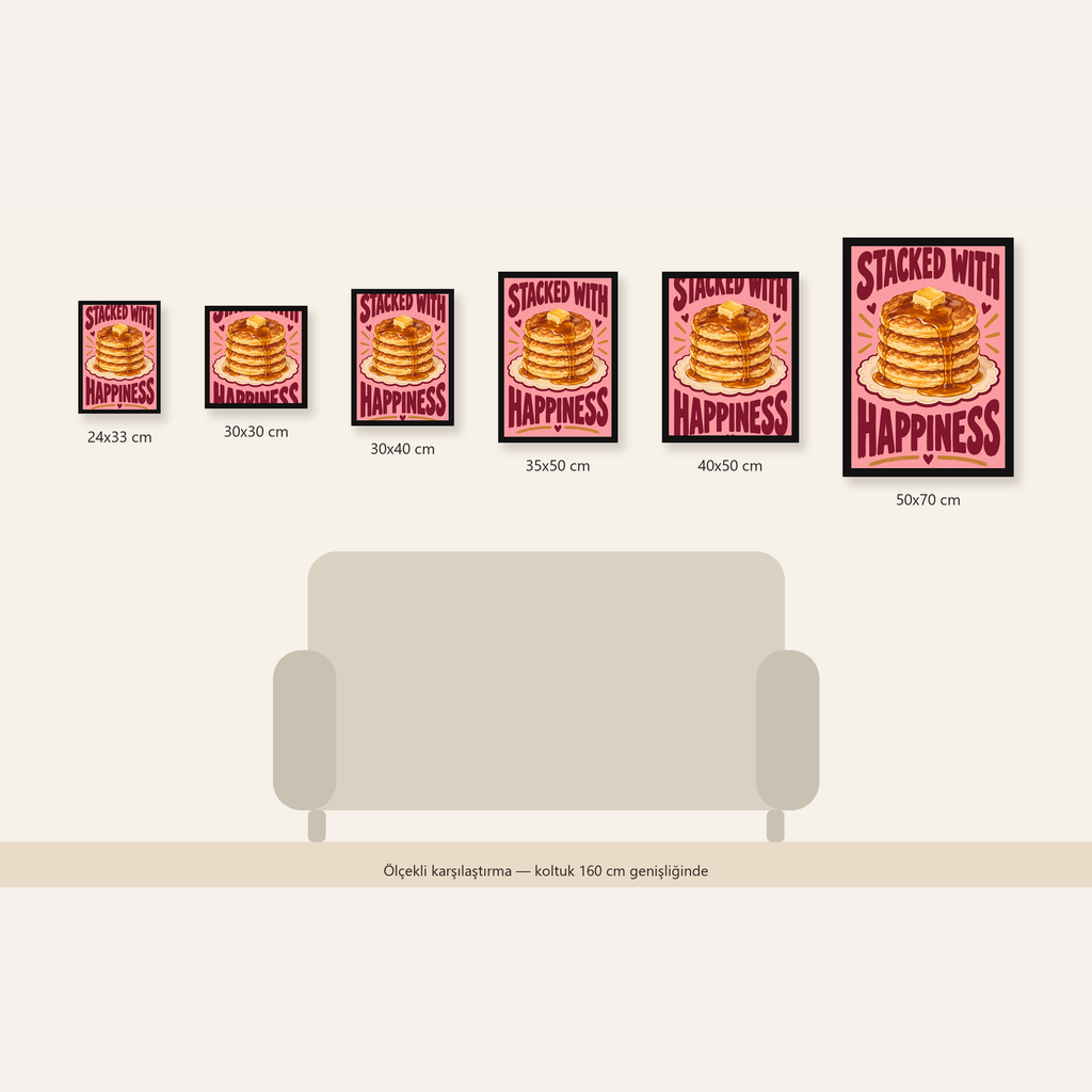 Pankek ve Mutluluk Poster - Stacked With Happiness Duvar Dekoru — 24×33 cm'den 50×70 cm'e, altı ölçünün karşılaştırması