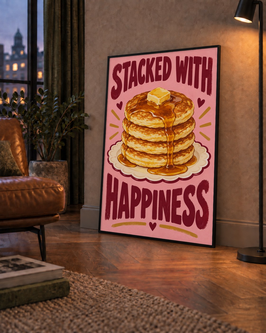 Pankek ve Mutluluk Poster - Stacked With Happiness Duvar Dekoru — çerçeveli hâliyle bir ev duvarında