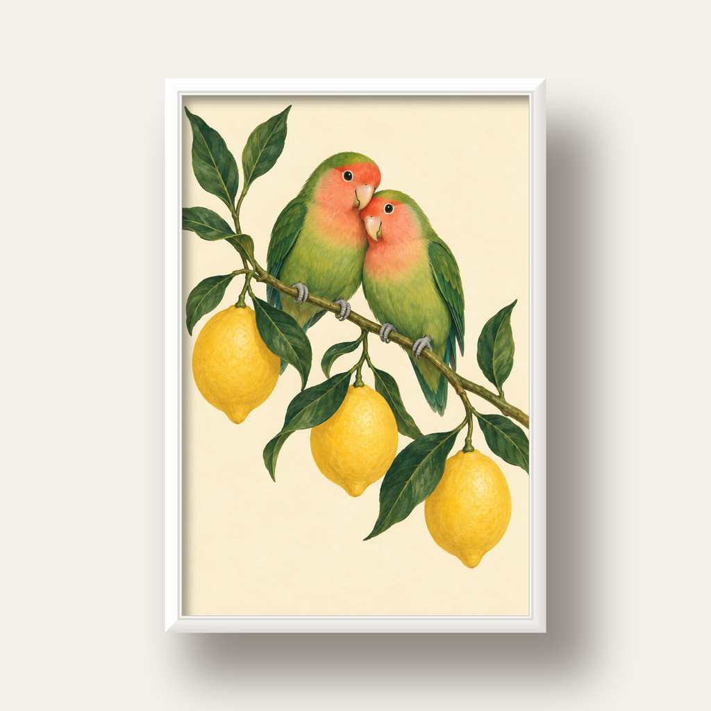 Limon Dalında Aşk Kuşları Akvarel Poster – Çerçeveli Dekor — beyaz derin çerçeveli