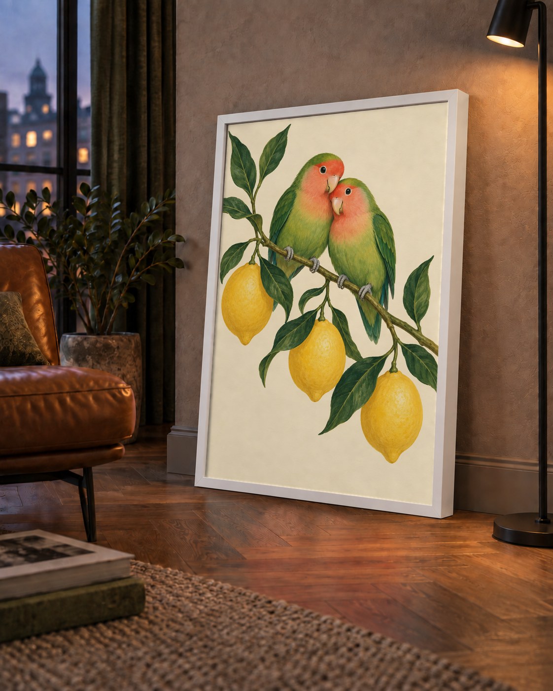 Limon Dalında Aşk Kuşları Akvarel Poster – Çerçeveli Dekor — çerçeveli hâliyle bir ev duvarında