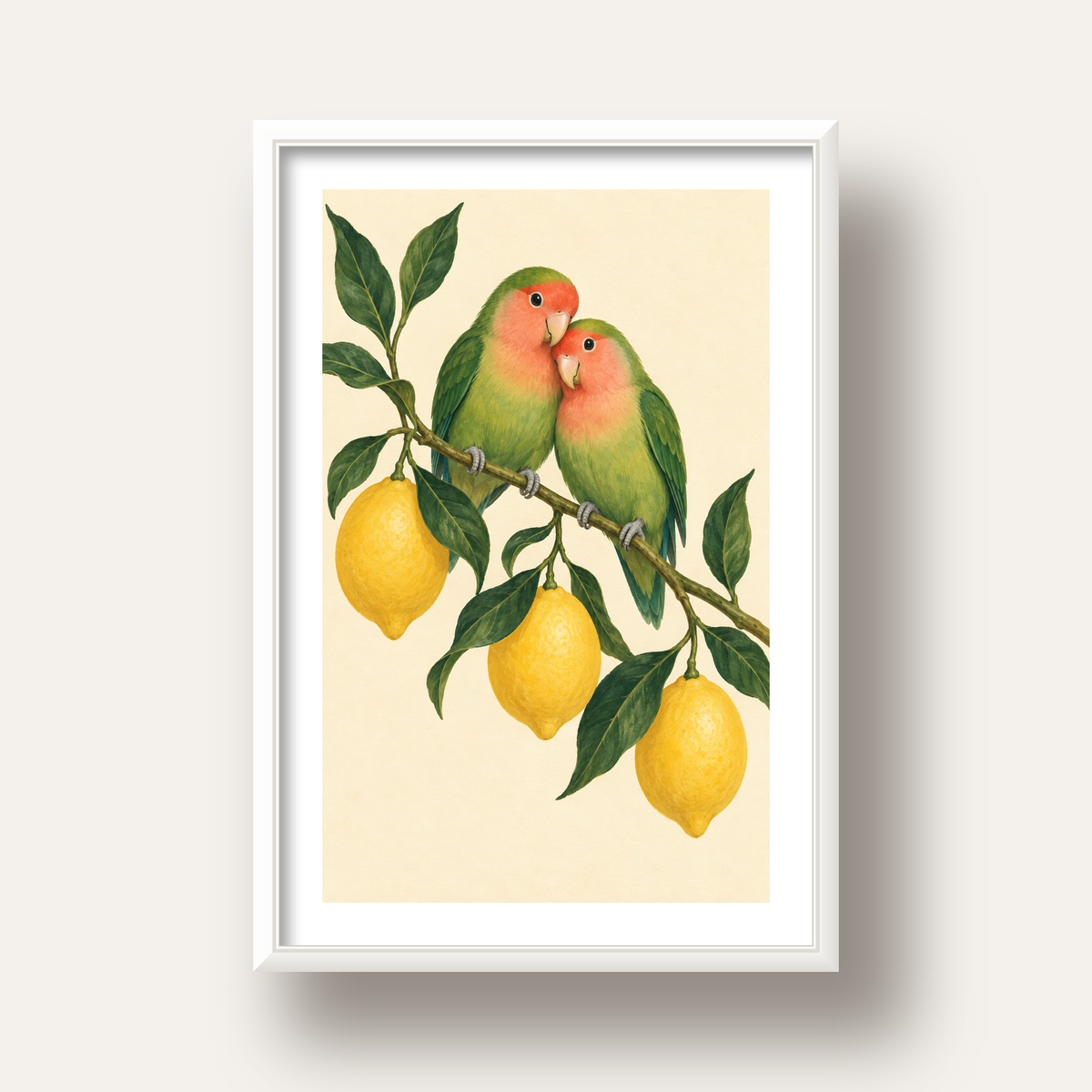 Limon Dalında Aşk Kuşları Akvarel Poster – Çerçeveli Dekor — beyaz derin çerçeveli paspartulu
