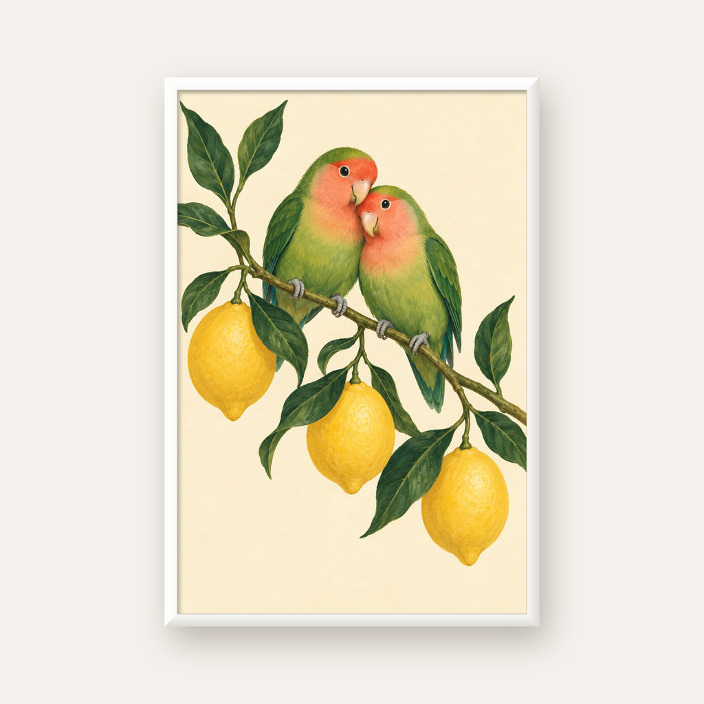 Limon Dalında Aşk Kuşları Akvarel Poster – Çerçeveli Dekor — beyaz çerçeveli dikey poster