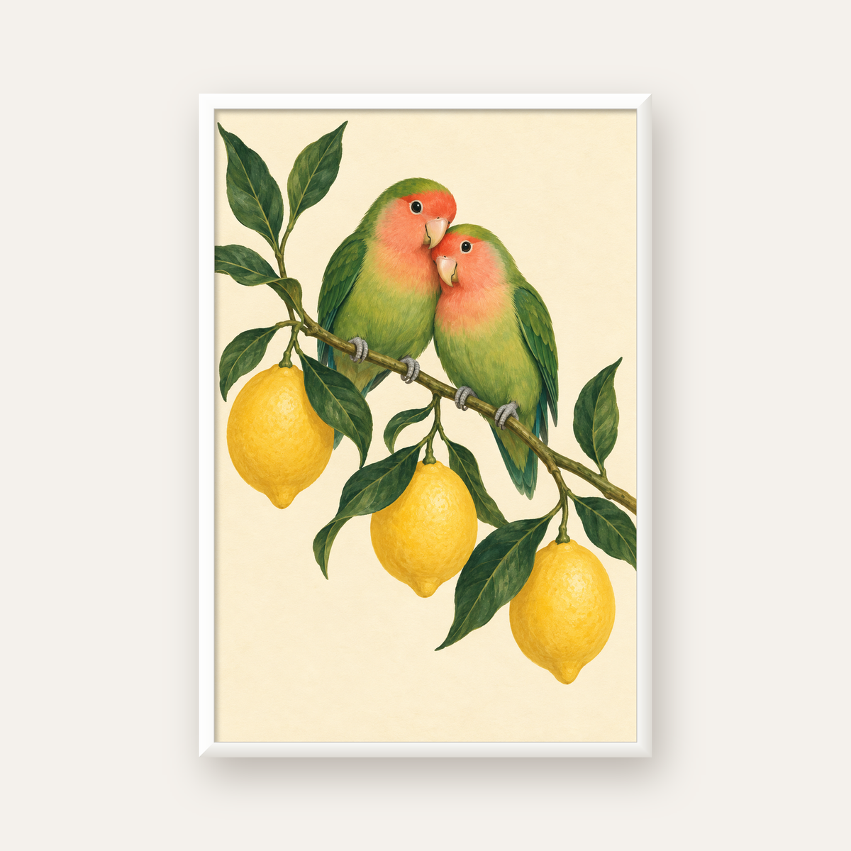 Limon Dalında Aşk Kuşları Akvarel Poster – Çerçeveli Dekor — beyaz çerçeveli dikey poster