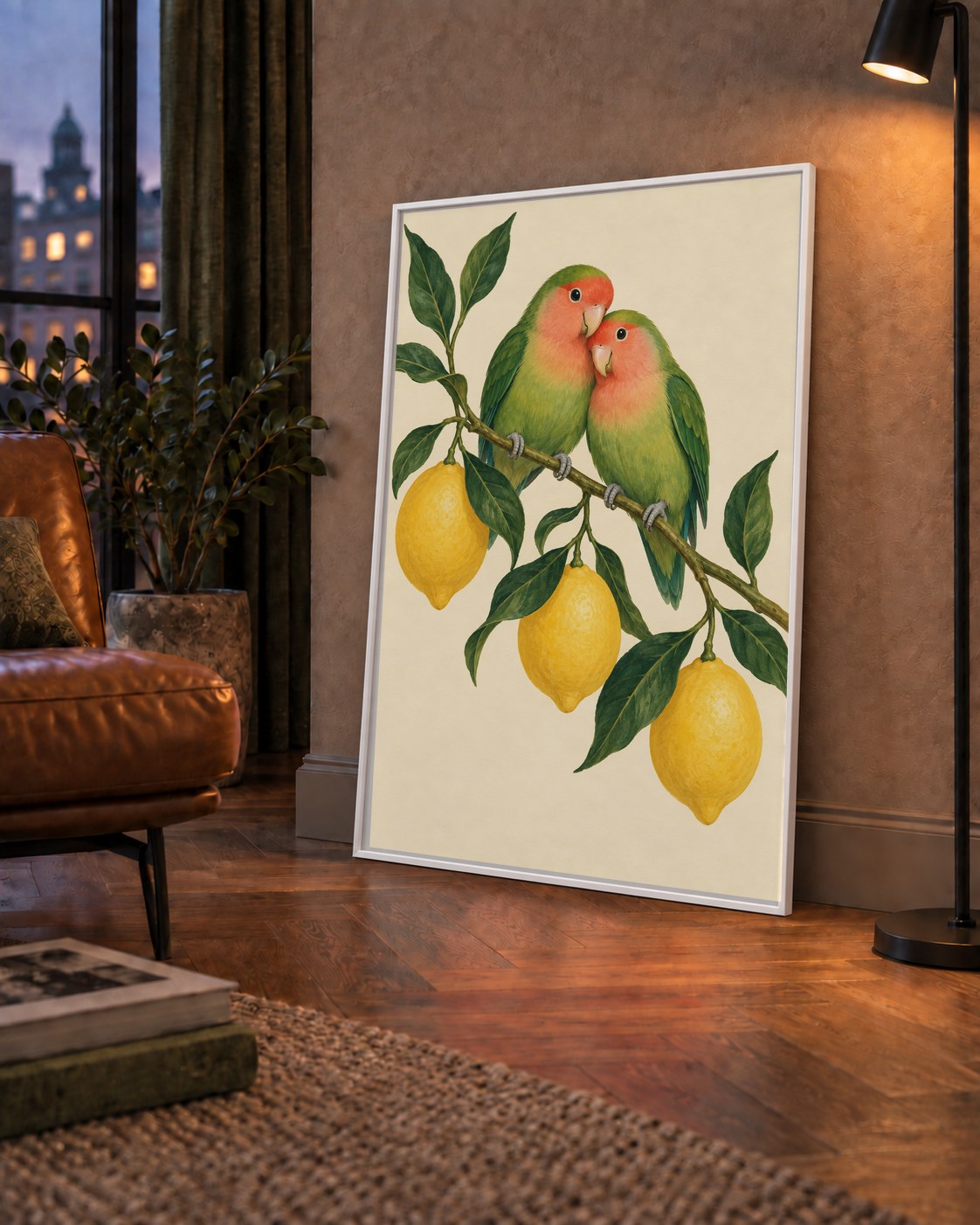 Limon Dalında Aşk Kuşları Akvarel Poster – Çerçeveli Dekor — çerçeveli hâliyle bir ev duvarında