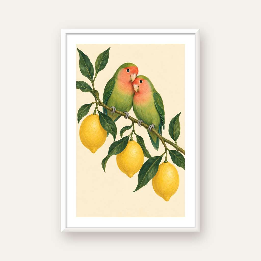 Limon Dalında Aşk Kuşları Akvarel Poster – Çerçeveli Dekor — beyaz çerçeveli dikey poster