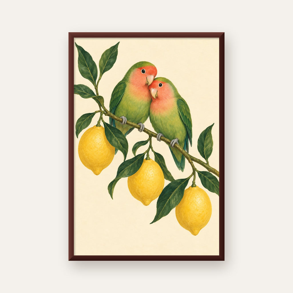 Limon Dalında Aşk Kuşları Akvarel Poster – Çerçeveli Dekor — ceviz çerçeveli