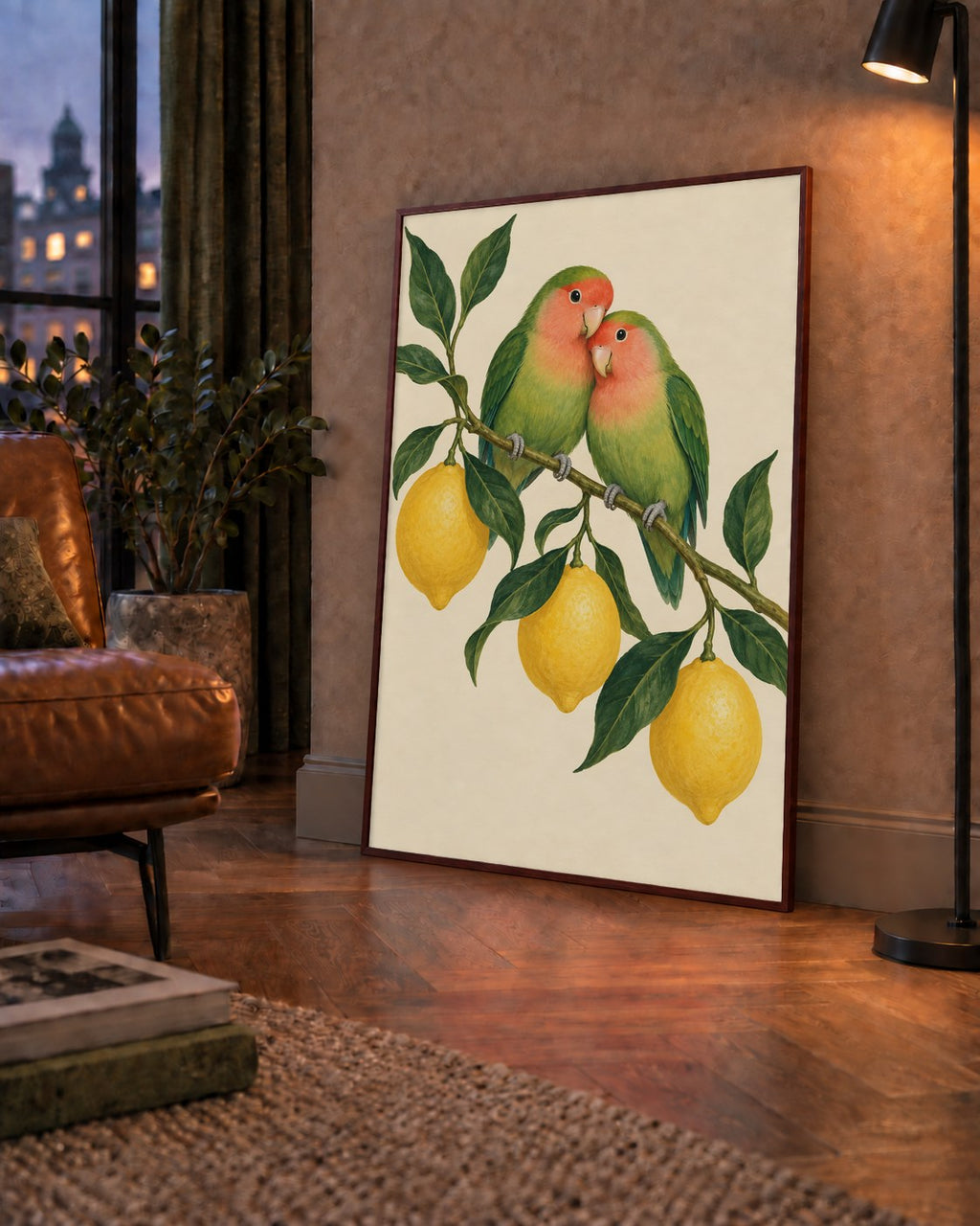 Limon Dalında Aşk Kuşları Akvarel Poster – Çerçeveli Dekor — çerçeveli hâliyle bir ev duvarında