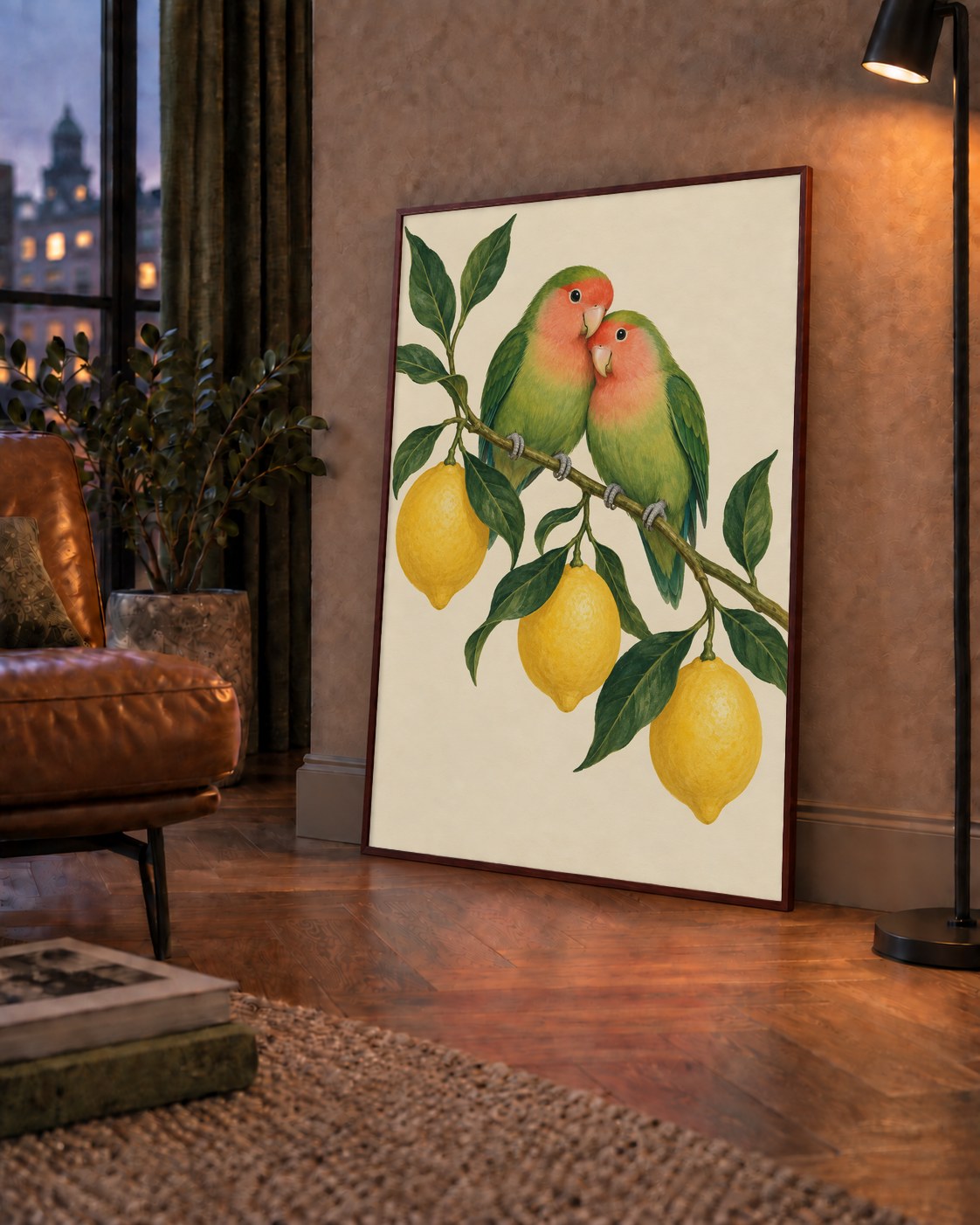 Limon Dalında Aşk Kuşları Akvarel Poster – Çerçeveli Dekor — çerçeveli hâliyle bir ev duvarında