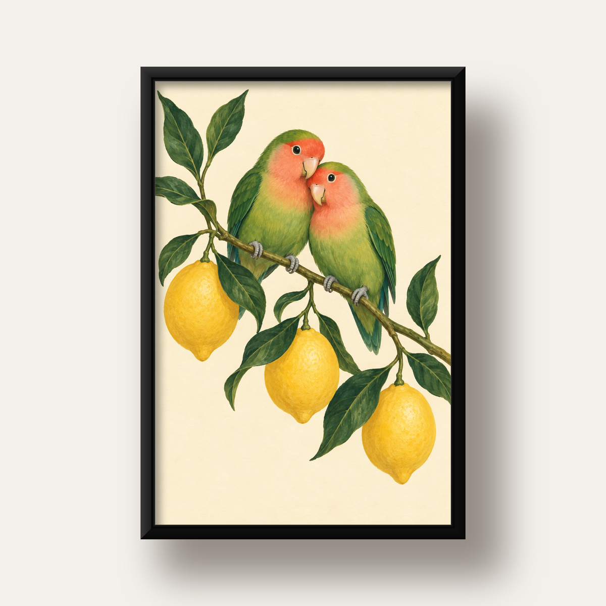 Limon Dalında Aşk Kuşları Akvarel Poster – Çerçeveli Dekor — siyah derin çerçeveli