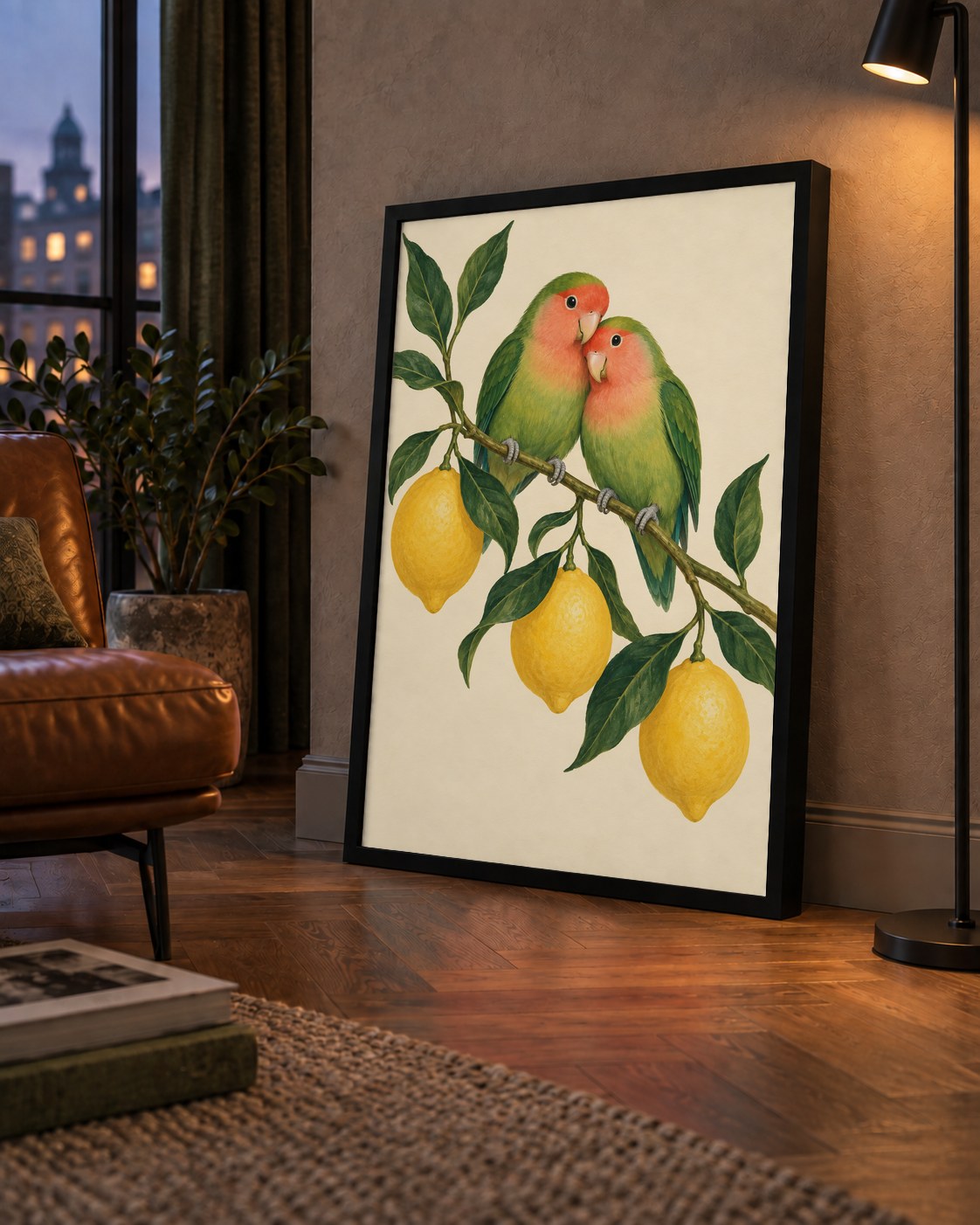 Limon Dalında Aşk Kuşları Akvarel Poster – Çerçeveli Dekor — çerçeveli hâliyle bir ev duvarında