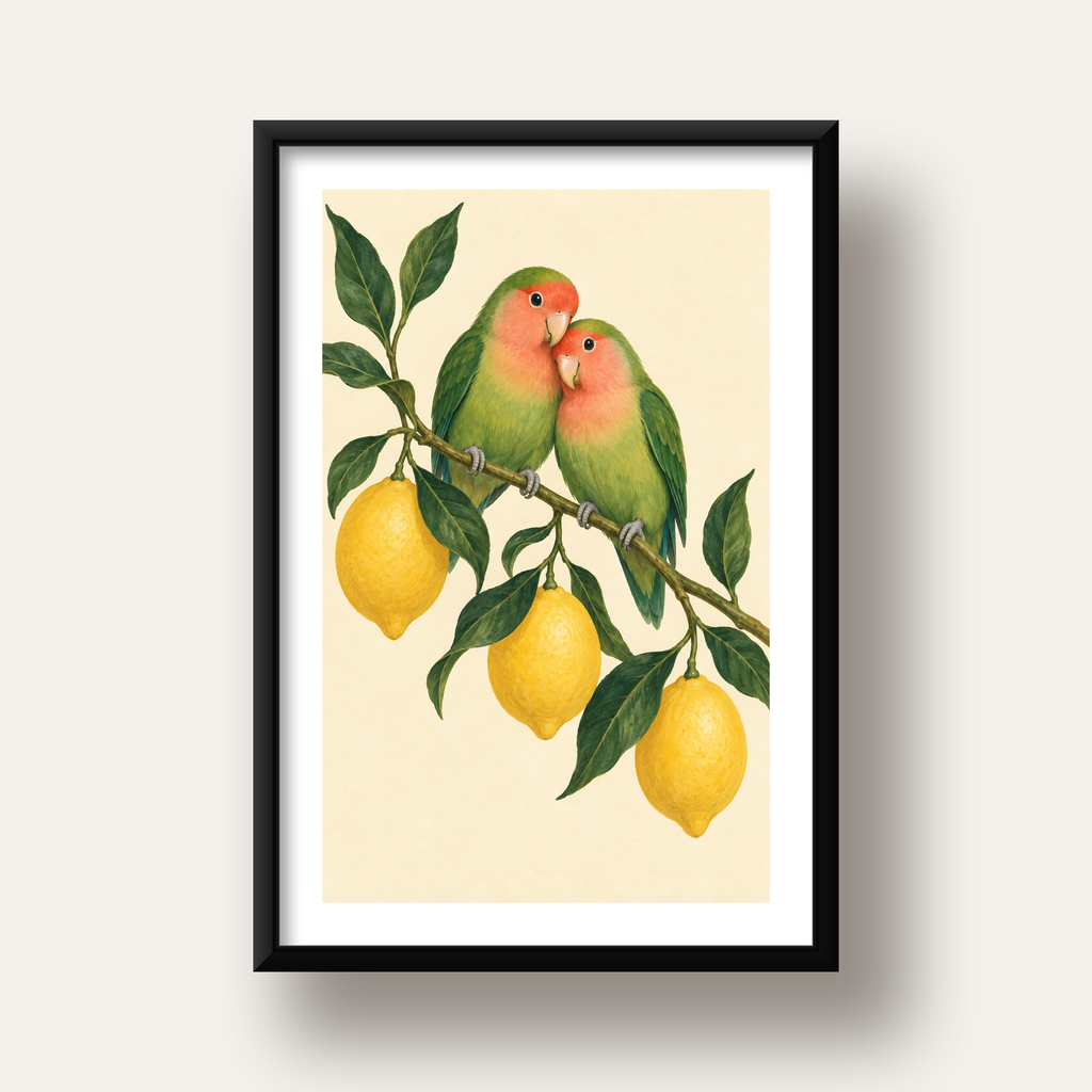 Limon Dalında Aşk Kuşları Akvarel Poster – Çerçeveli Dekor — siyah derin çerçeveli paspartulu