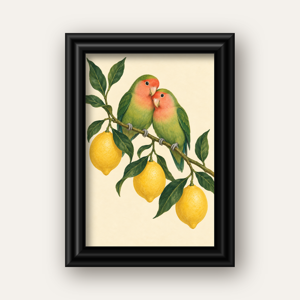 Limon Dalında Aşk Kuşları Akvarel Poster – Çerçeveli Dekor — siyah galeri çerçeveli