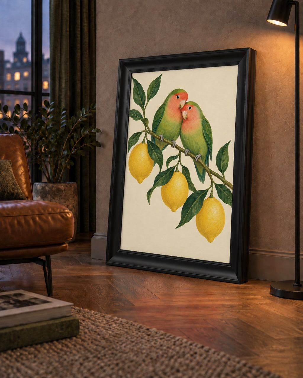 Limon Dalında Aşk Kuşları Akvarel Poster – Çerçeveli Dekor — çerçeveli hâliyle bir ev duvarında