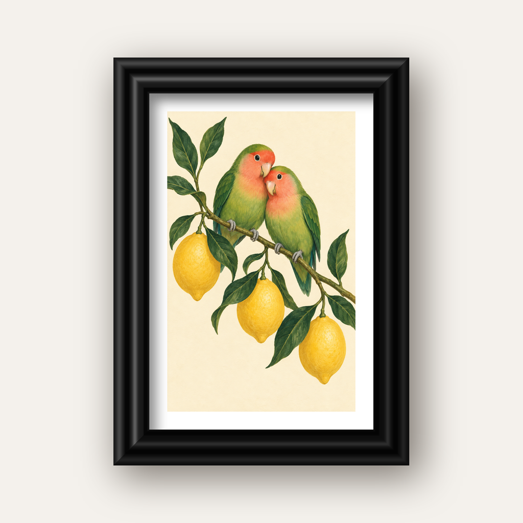 Limon Dalında Aşk Kuşları Akvarel Poster – Çerçeveli Dekor — siyah galeri çerçeveli paspartulu