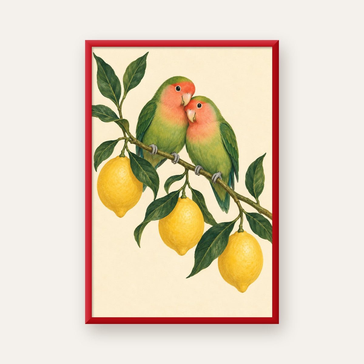 Limon Dalında Aşk Kuşları Akvarel Poster – Çerçeveli Dekor — kırmızı çerçeveli