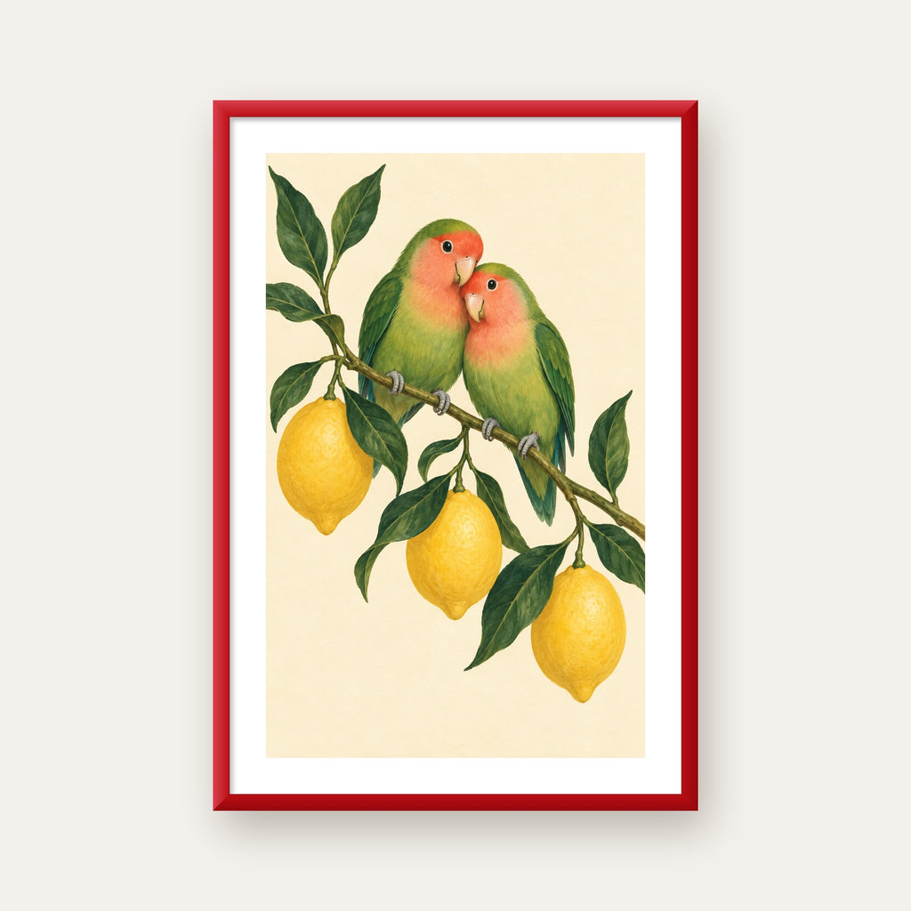Limon Dalında Aşk Kuşları Akvarel Poster – Çerçeveli Dekor — kırmızı çerçeveli paspartulu