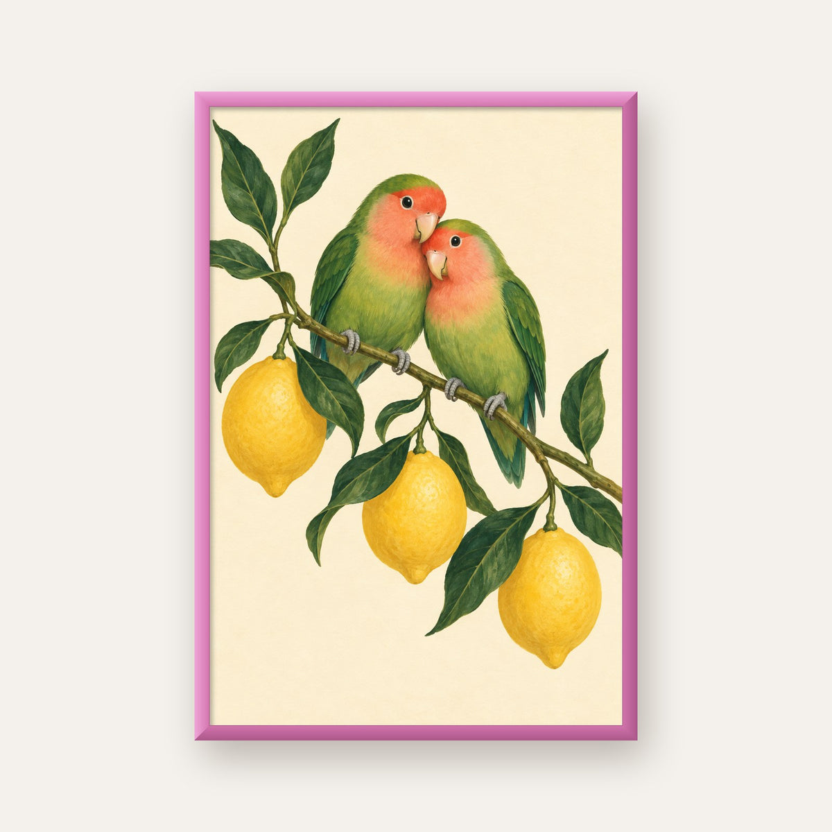 Limon Dalında Aşk Kuşları Akvarel Poster – Çerçeveli Dekor — pembe çerçeveli