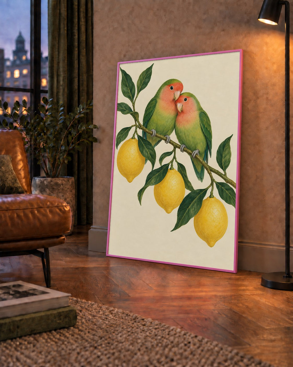 Limon Dalında Aşk Kuşları Akvarel Poster – Çerçeveli Dekor — çerçeveli hâliyle bir ev duvarında