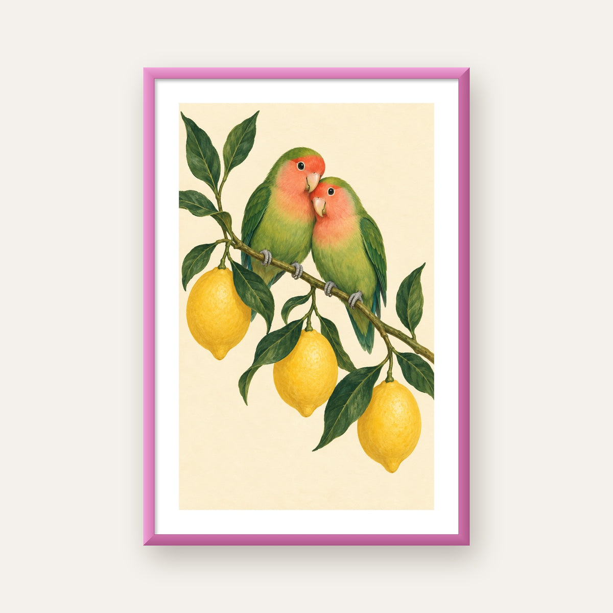 Limon Dalında Aşk Kuşları Akvarel Poster – Çerçeveli Dekor — pembe çerçeveli paspartulu