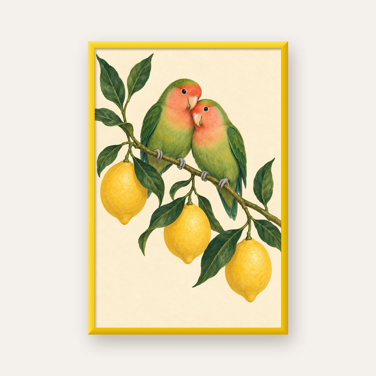Limon Dalında Aşk Kuşları Akvarel Poster – Çerçeveli Dekor — sarı çerçeveli