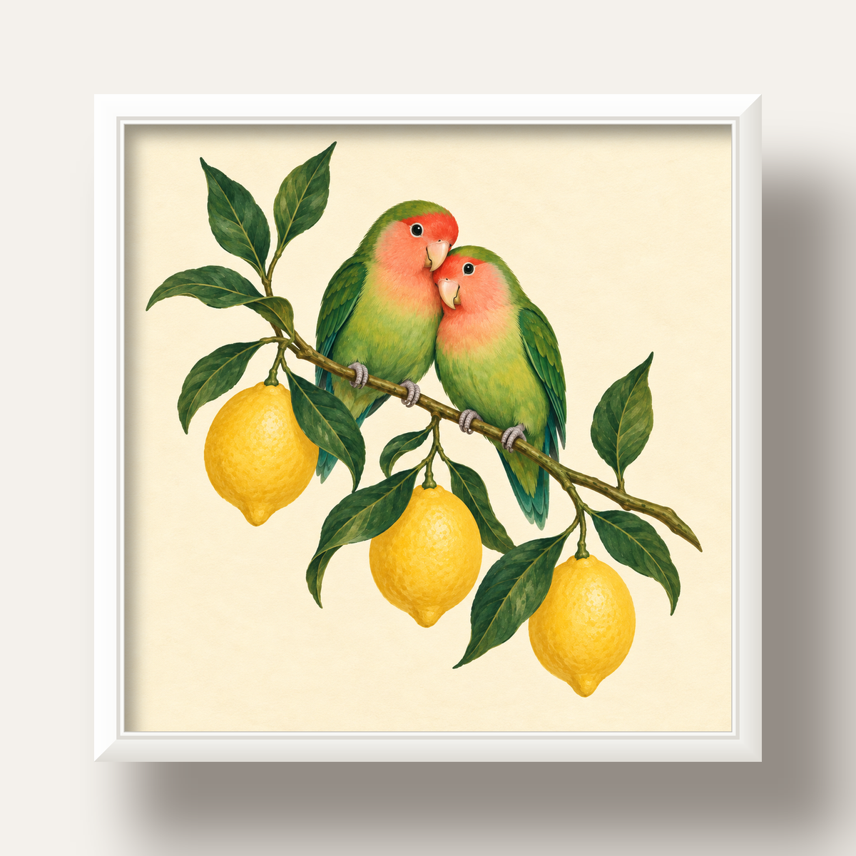 Limon Dalında Aşk Kuşları Akvarel Poster – Çerçeveli Dekor — beyaz derin çerçeveli