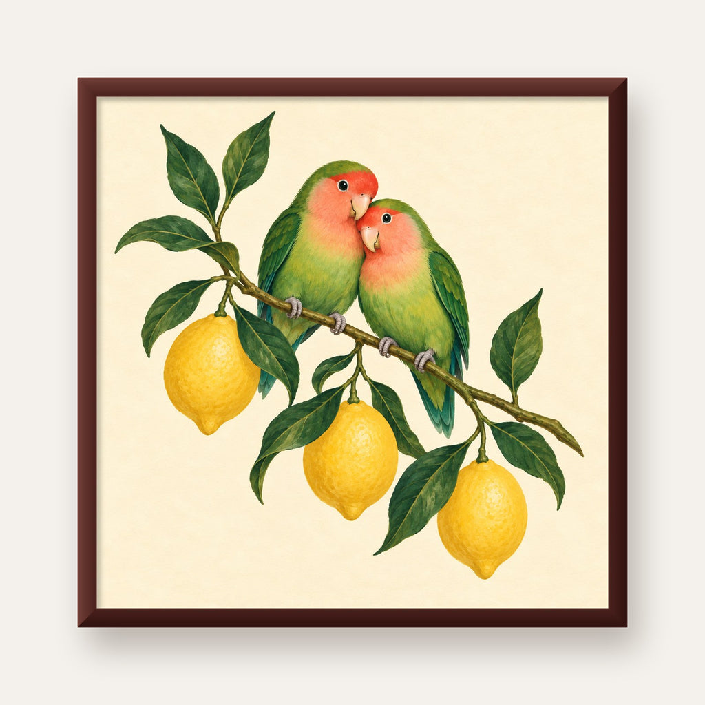 Limon Dalında Aşk Kuşları Akvarel Poster – Çerçeveli Dekor — ceviz çerçeveli