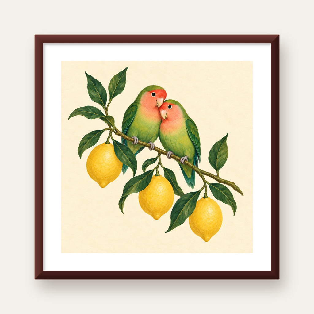 Limon Dalında Aşk Kuşları Akvarel Poster – Çerçeveli Dekor — ceviz çerçeveli paspartulu