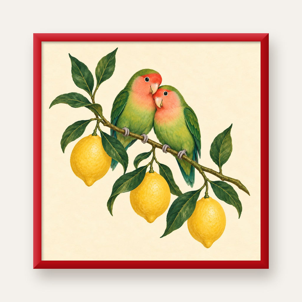 Limon Dalında Aşk Kuşları Akvarel Poster – Çerçeveli Dekor — kırmızı çerçeveli