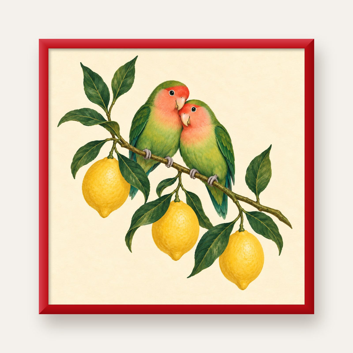 Limon Dalında Aşk Kuşları Akvarel Poster – Çerçeveli Dekor — kırmızı çerçeveli