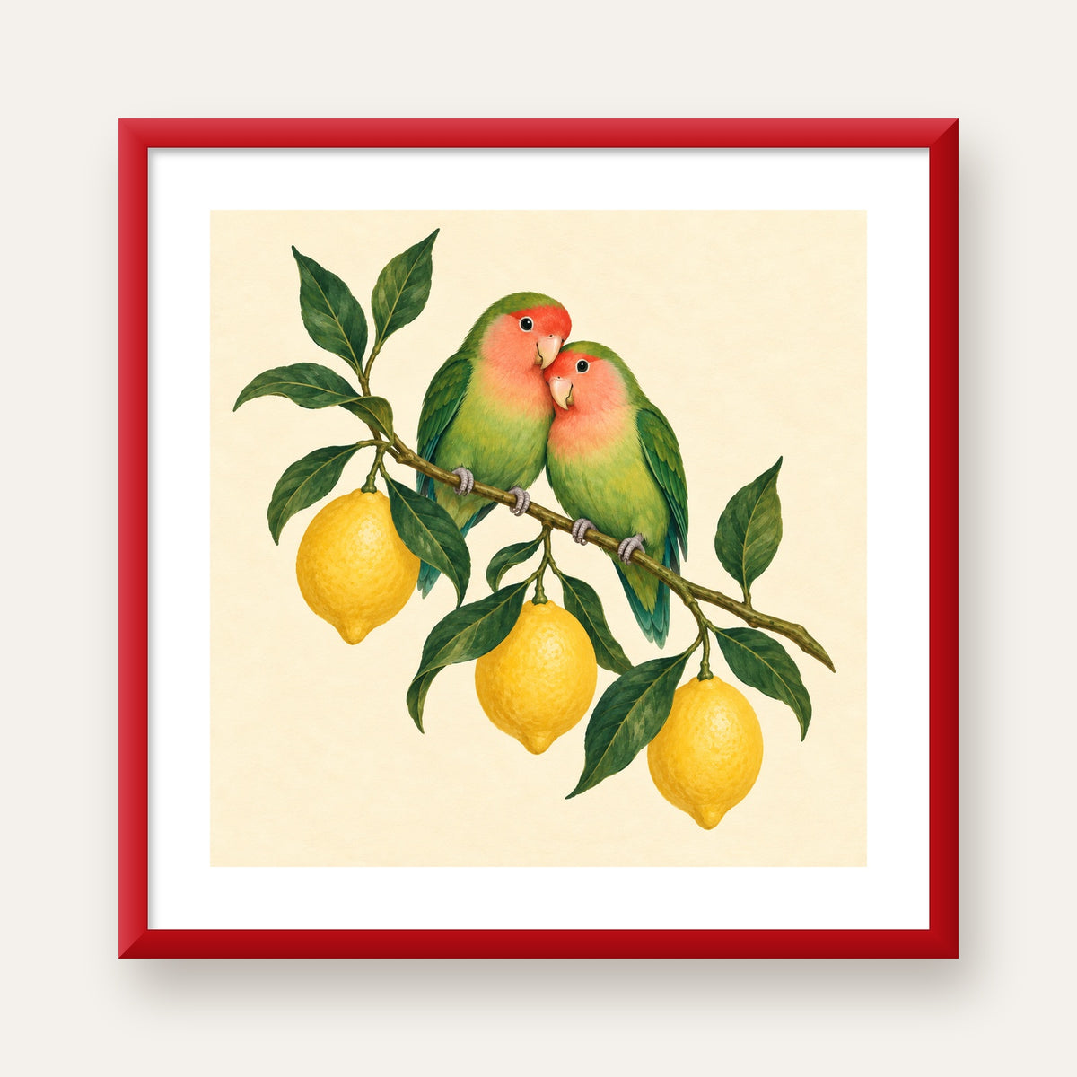 Limon Dalında Aşk Kuşları Akvarel Poster – Çerçeveli Dekor — kırmızı çerçeveli paspartulu