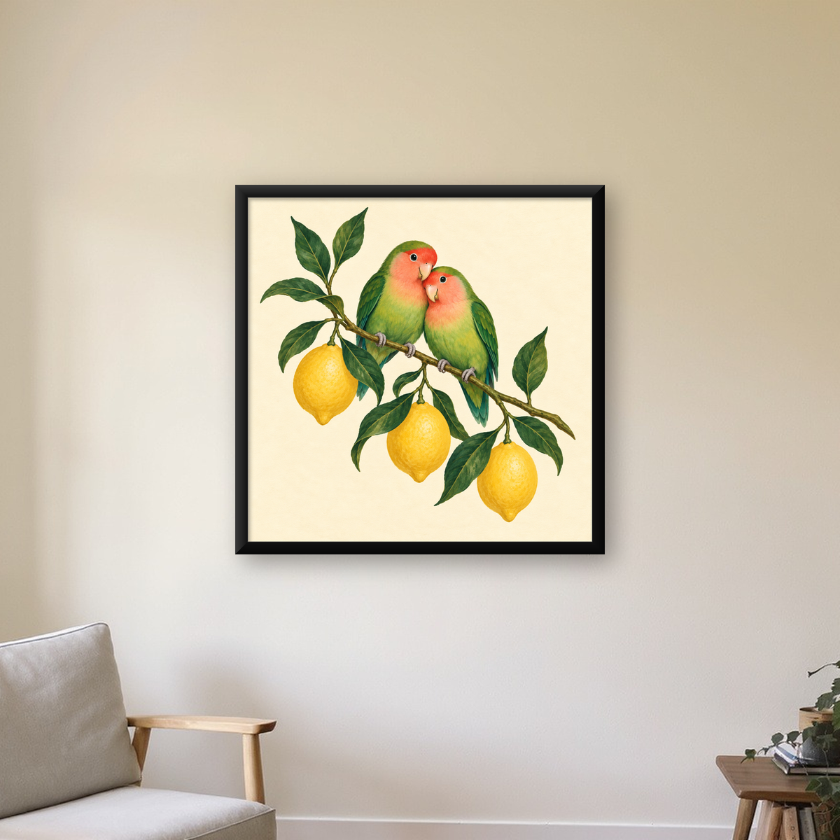 Limon Dalında Aşk Kuşları Akvarel Poster – Çerçeveli Dekor — Kare baskı, çerçeveli hâliyle bir ev duvarında