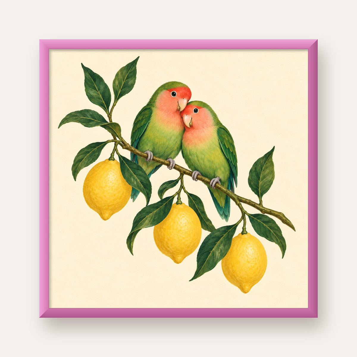 Limon Dalında Aşk Kuşları Akvarel Poster – Çerçeveli Dekor — pembe çerçeveli