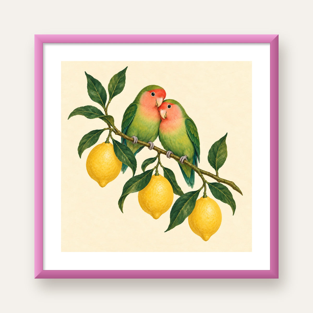 Limon Dalında Aşk Kuşları Akvarel Poster – Çerçeveli Dekor — pembe çerçeveli paspartulu