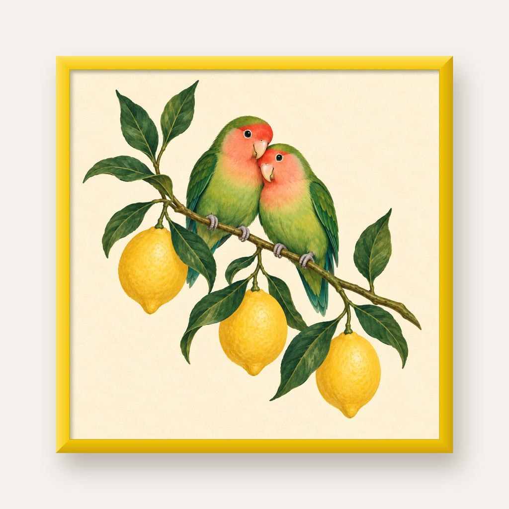 Limon Dalında Aşk Kuşları Akvarel Poster – Çerçeveli Dekor — sarı çerçeveli