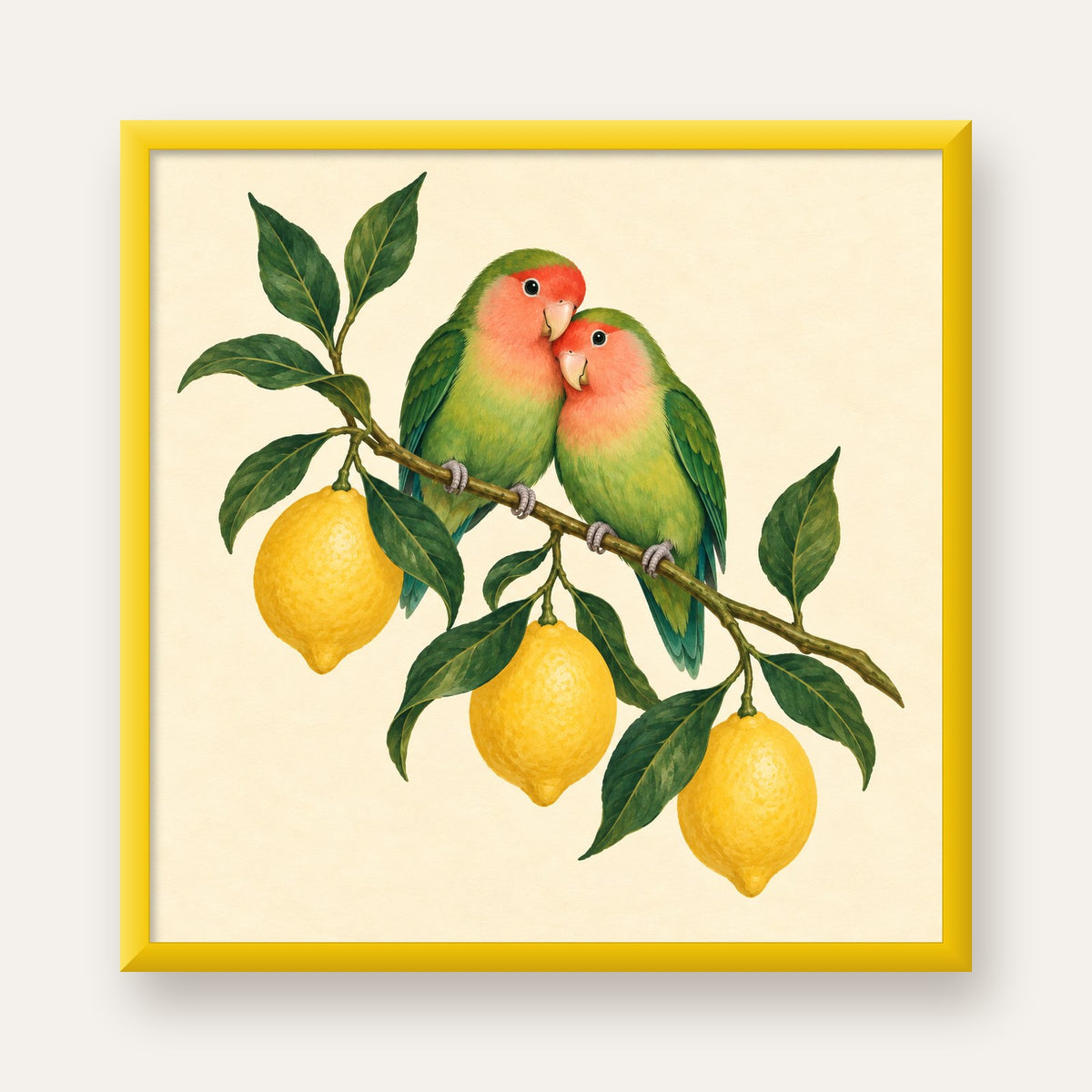 Limon Dalında Aşk Kuşları Akvarel Poster – Çerçeveli Dekor — sarı çerçeveli