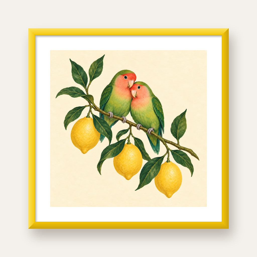Limon Dalında Aşk Kuşları Akvarel Poster – Çerçeveli Dekor — sarı çerçeveli paspartulu