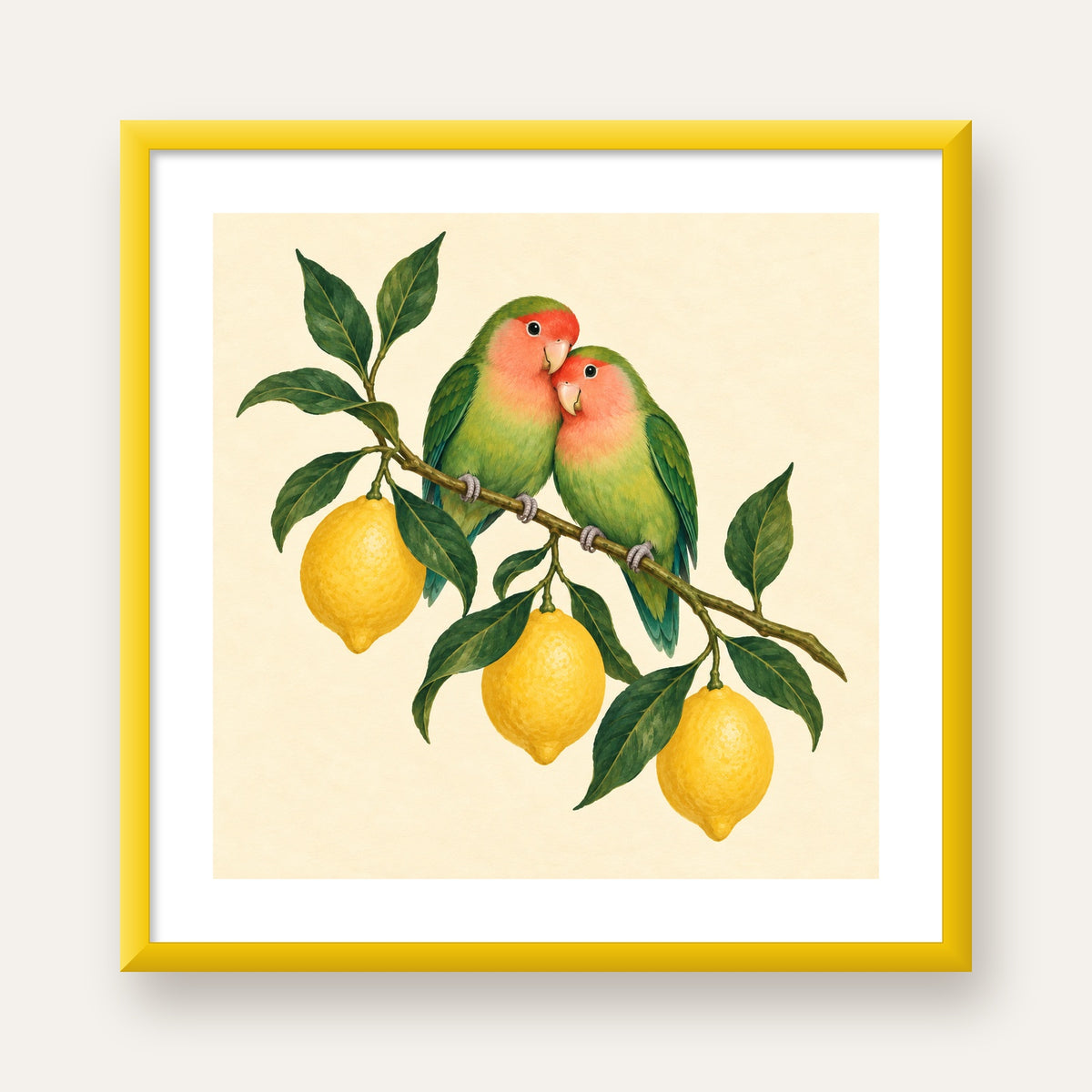 Limon Dalında Aşk Kuşları Akvarel Poster – Çerçeveli Dekor — sarı çerçeveli paspartulu