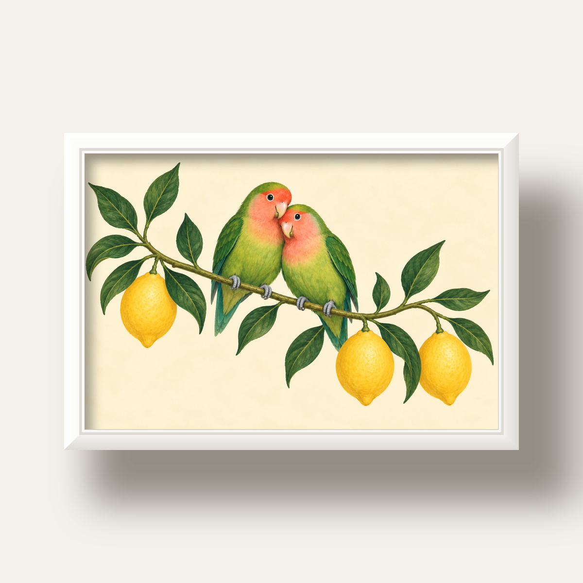 Limon Dalında Aşk Kuşları Akvarel Poster – Çerçeveli Dekor — beyaz derin çerçeveli