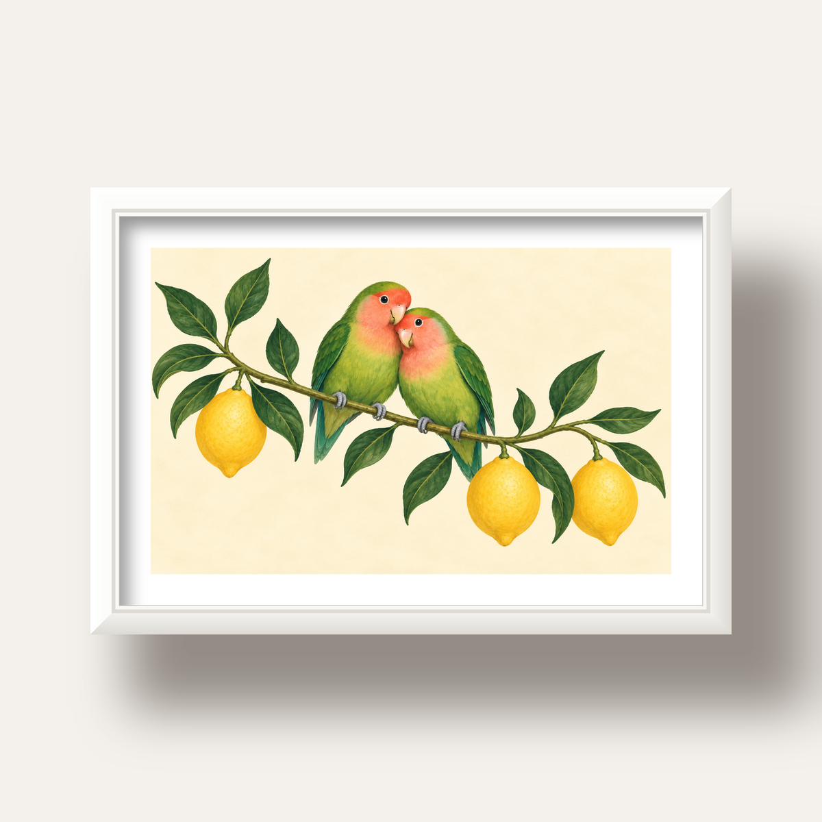 Limon Dalında Aşk Kuşları Akvarel Poster – Çerçeveli Dekor — beyaz derin çerçeveli paspartulu
